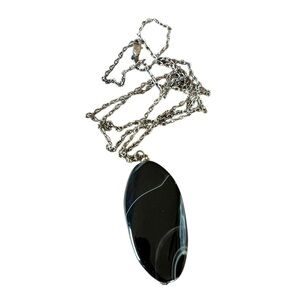 Vintage Black Swirled Polished Stone Pendant Necklace Boho Layering